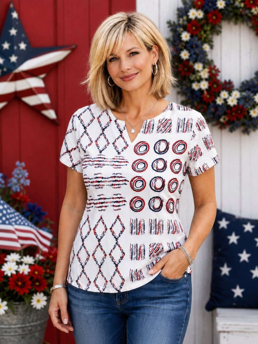 Links Women's Red White Blue Geometric Knit Top Blouse Sz. Large Comfy Casual
